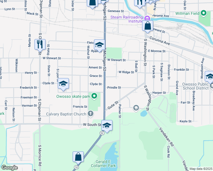 map of restaurants, bars, coffee shops, grocery stores, and more near 1055 South Michigan 52 in Owosso