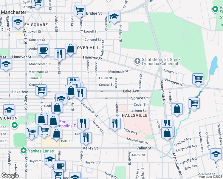 map of restaurants, bars, coffee shops, grocery stores, and more near 557 Lake Avenue in Manchester