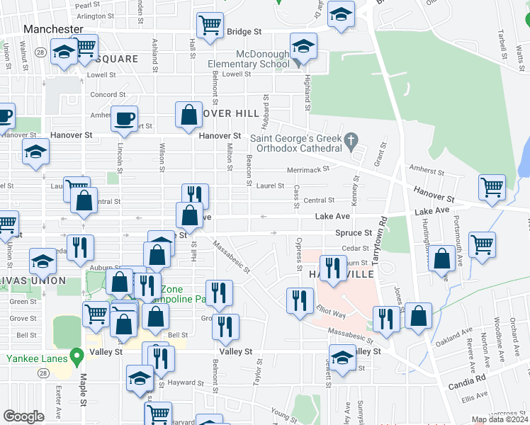 map of restaurants, bars, coffee shops, grocery stores, and more near 523 Lake Avenue in Manchester