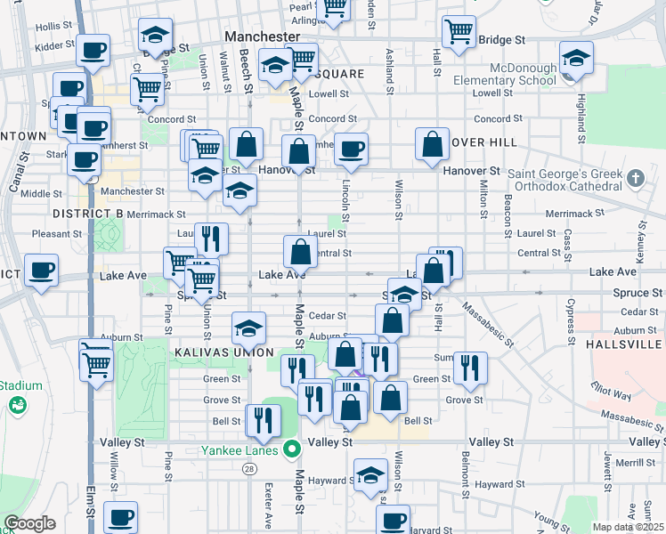 map of restaurants, bars, coffee shops, grocery stores, and more near 345 Lake Avenue in Manchester