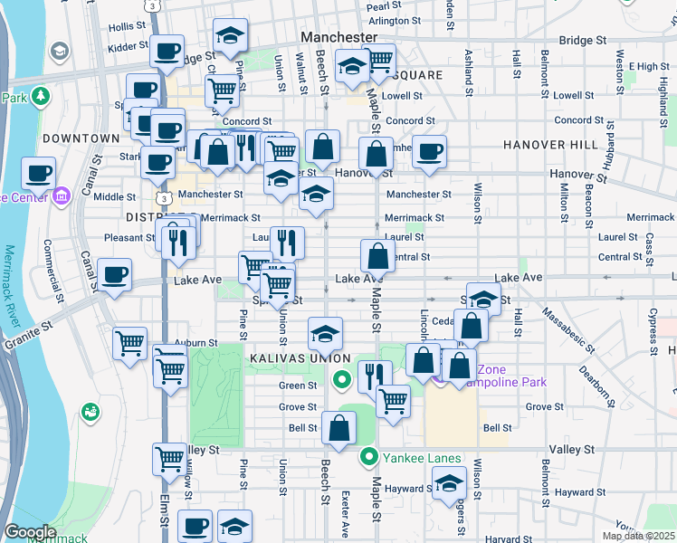 map of restaurants, bars, coffee shops, grocery stores, and more near 253 Lake Avenue in Manchester
