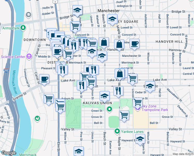 map of restaurants, bars, coffee shops, grocery stores, and more near 221 Lake Avenue in Manchester