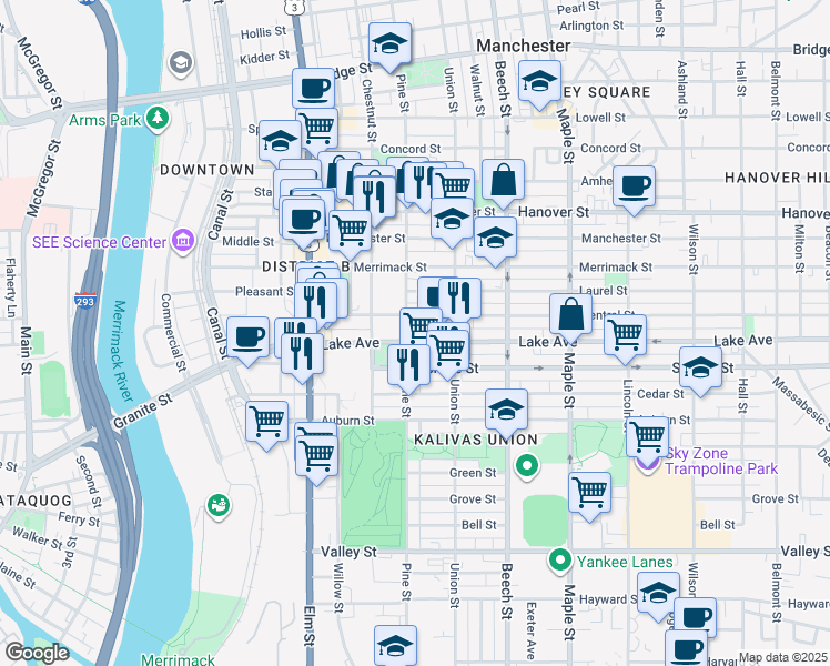 map of restaurants, bars, coffee shops, grocery stores, and more near 177 Lake Avenue in Manchester