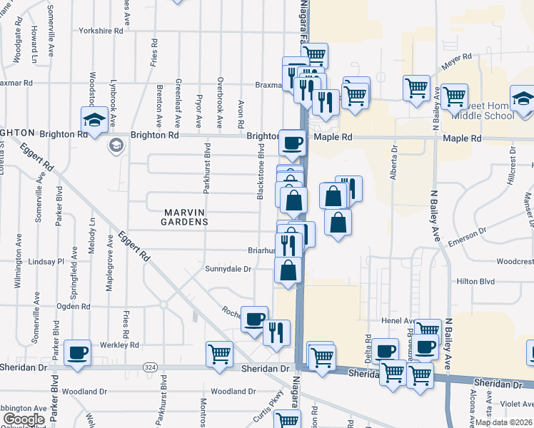 map of restaurants, bars, coffee shops, grocery stores, and more near 225 Blackstone Boulevard in Tonawanda