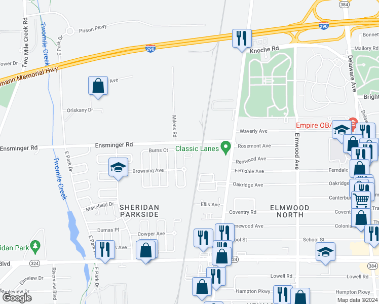 map of restaurants, bars, coffee shops, grocery stores, and more near 66-76 Bellah Place in Tonawanda
