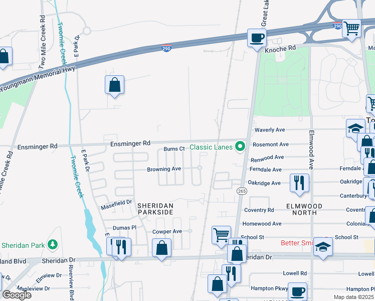 map of restaurants, bars, coffee shops, grocery stores, and more near 17 Boswell Place in Tonawanda