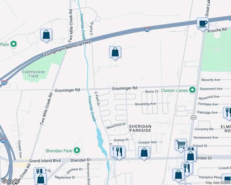 map of restaurants, bars, coffee shops, grocery stores, and more near 55 Longfellow Court in Tonawanda