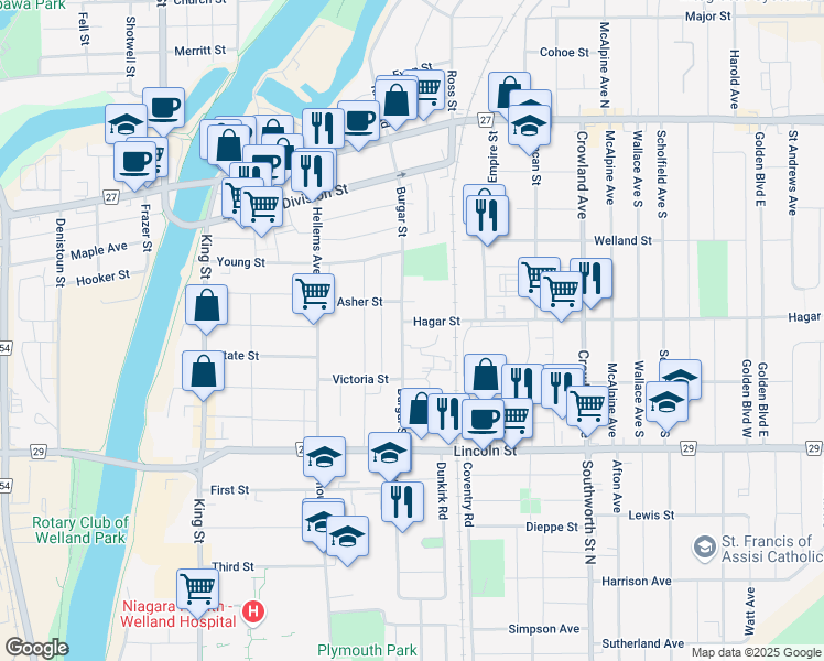 map of restaurants, bars, coffee shops, grocery stores, and more near in Welland