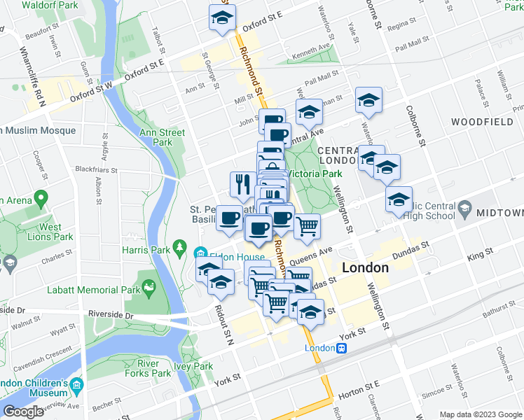 map of restaurants, bars, coffee shops, grocery stores, and more near in London