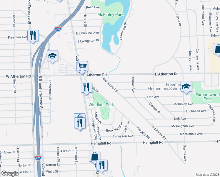 map of restaurants, bars, coffee shops, grocery stores, and more near 4002 Red Arrow Road in Flint