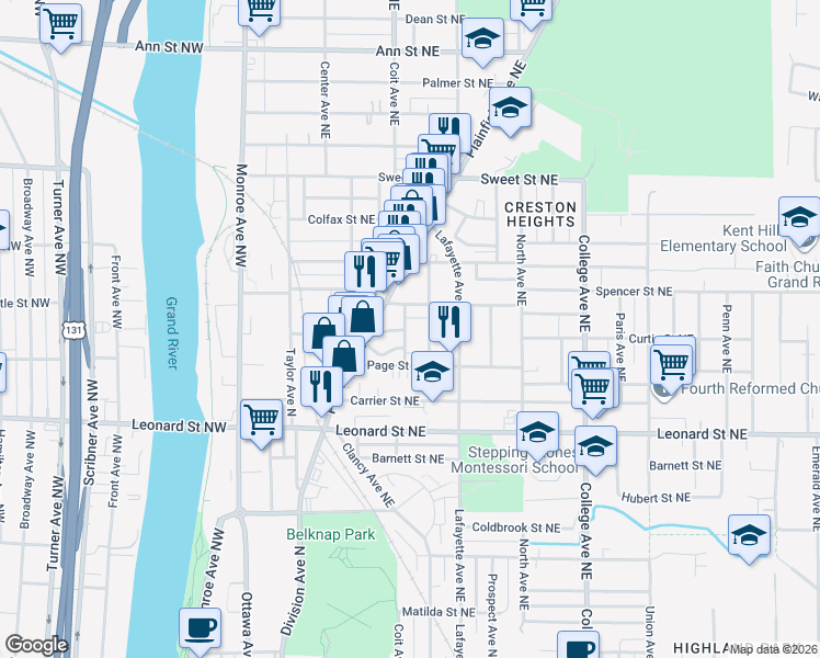 map of restaurants, bars, coffee shops, grocery stores, and more near 1319 Buffalo Avenue Northeast in Grand Rapids