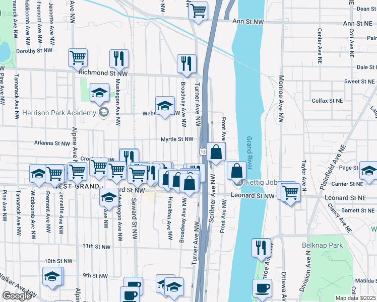 map of restaurants, bars, coffee shops, grocery stores, and more near 1308 Broadway Avenue Northwest in Grand Rapids