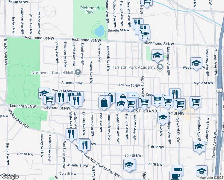 map of restaurants, bars, coffee shops, grocery stores, and more near 910 Crosby Street Northwest in Grand Rapids