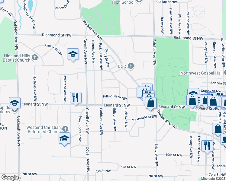 map of restaurants, bars, coffee shops, grocery stores, and more near 1841 Hillmount Street Northwest in Grand Rapids