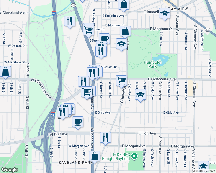 map of restaurants, bars, coffee shops, grocery stores, and more near 3155 South Austin Street in Milwaukee