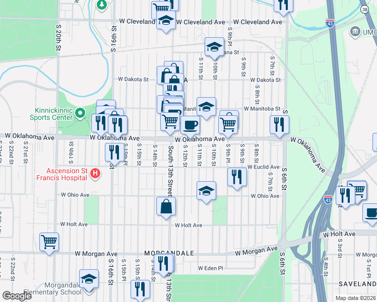 map of restaurants, bars, coffee shops, grocery stores, and more near 3157 South 11th Street in Milwaukee