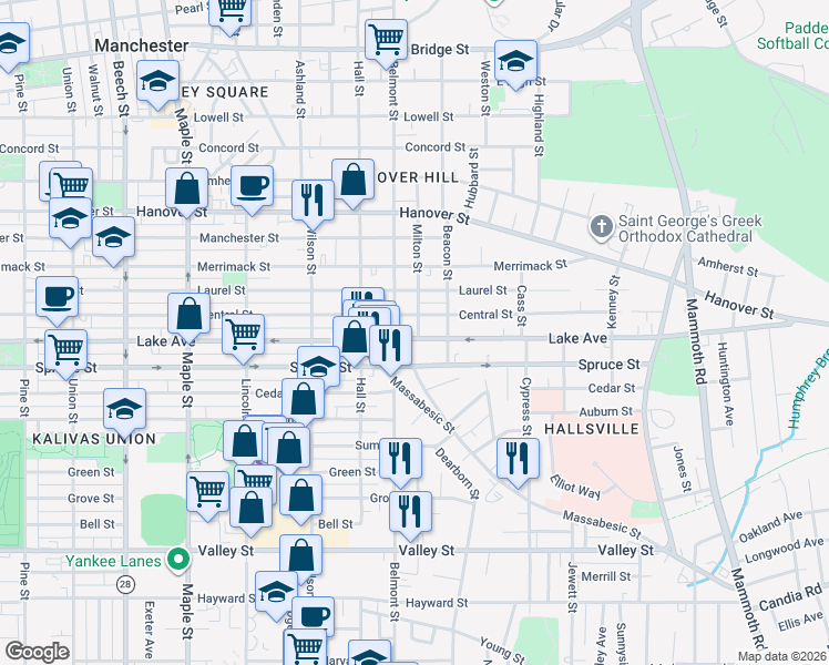 map of restaurants, bars, coffee shops, grocery stores, and more near 480 Lake Avenue in Manchester