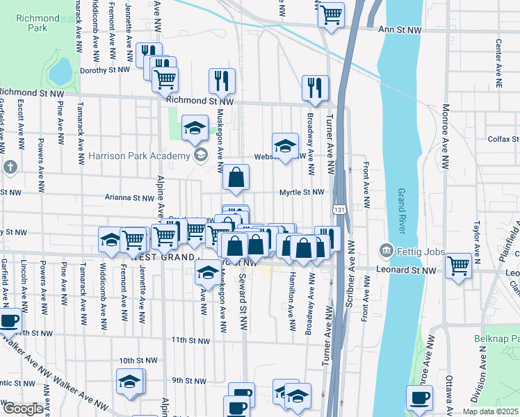 map of restaurants, bars, coffee shops, grocery stores, and more near 533 Crosby Street Northwest in Grand Rapids