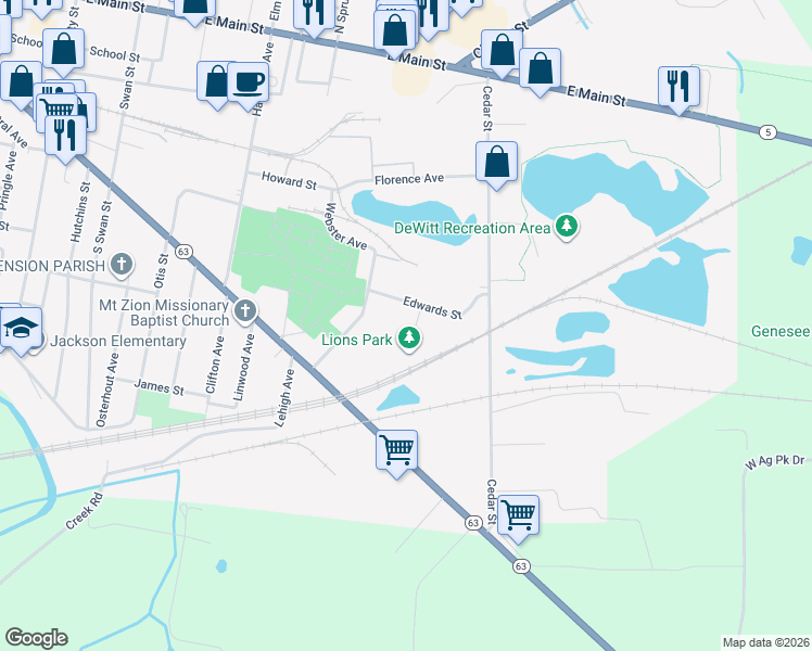 map of restaurants, bars, coffee shops, grocery stores, and more near 108 Cedar Street in Batavia