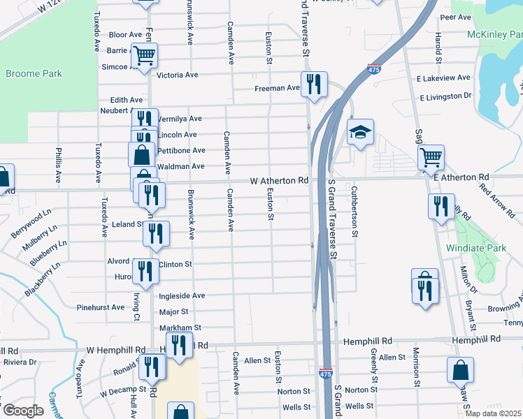 map of restaurants, bars, coffee shops, grocery stores, and more near 710 Leland Street in Flint