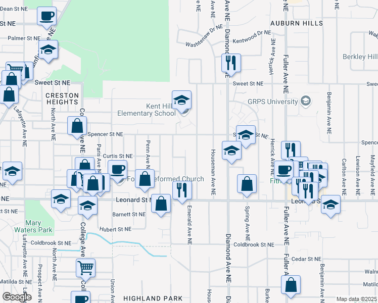 map of restaurants, bars, coffee shops, grocery stores, and more near 1336 Northfield Avenue Northeast in Grand Rapids