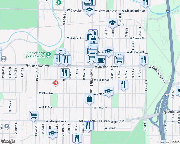 map of restaurants, bars, coffee shops, grocery stores, and more near 3148 South 13th Street in Milwaukee