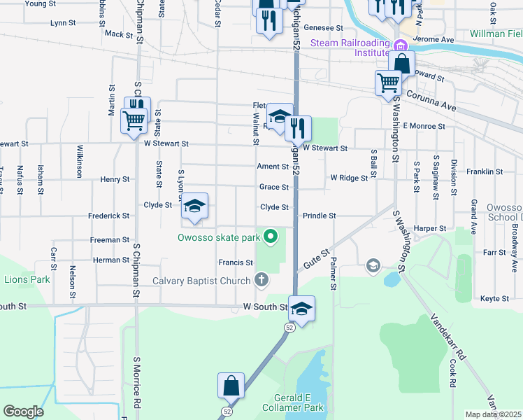 map of restaurants, bars, coffee shops, grocery stores, and more near 514 Hampton Avenue in Owosso