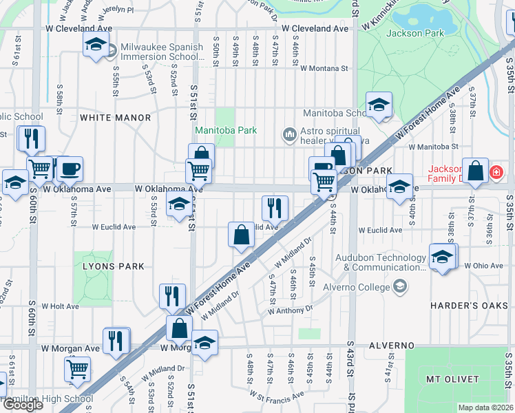 map of restaurants, bars, coffee shops, grocery stores, and more near 3130 South 48th Street in Milwaukee