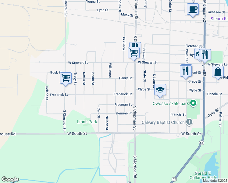 map of restaurants, bars, coffee shops, grocery stores, and more near 1319 Frederick Street in Owosso