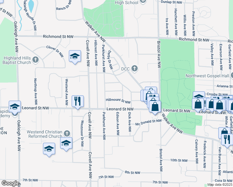 map of restaurants, bars, coffee shops, grocery stores, and more near 1841 Hillmount Street Northwest in Grand Rapids
