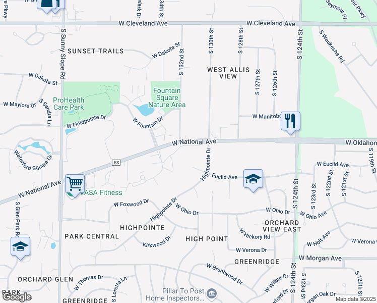 map of restaurants, bars, coffee shops, grocery stores, and more near 3205 South Ridge Crest Court in New Berlin