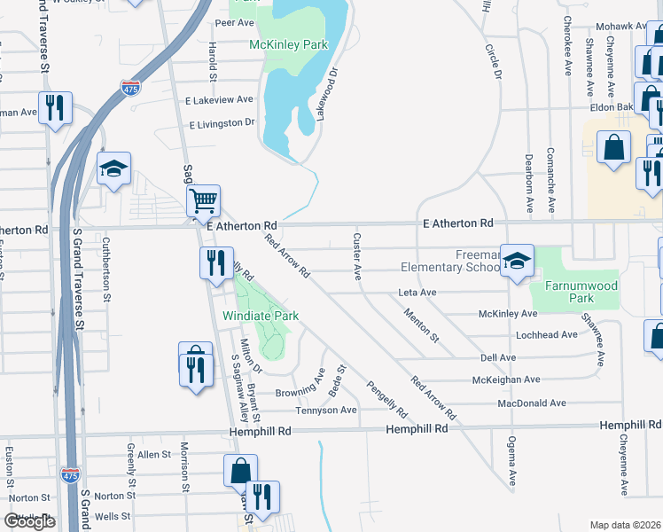 map of restaurants, bars, coffee shops, grocery stores, and more near 329 Burroughs Avenue in Flint