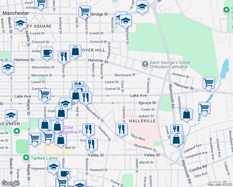 map of restaurants, bars, coffee shops, grocery stores, and more near 550 Lake Avenue in Manchester