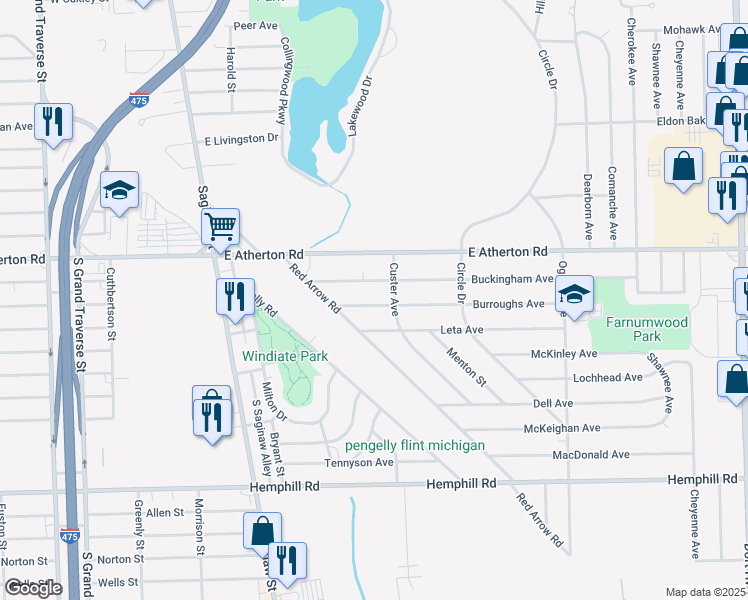 map of restaurants, bars, coffee shops, grocery stores, and more near 337 Burroughs Avenue in Flint
