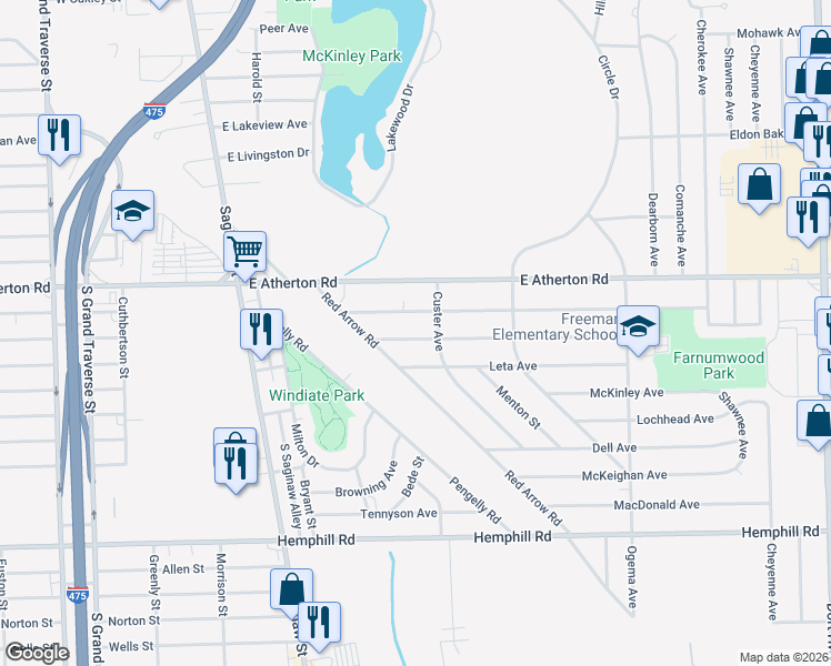 map of restaurants, bars, coffee shops, grocery stores, and more near 337 Burroughs Avenue in Flint