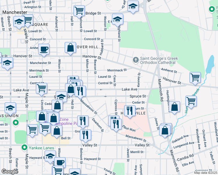 map of restaurants, bars, coffee shops, grocery stores, and more near 550 Lake Avenue in Manchester