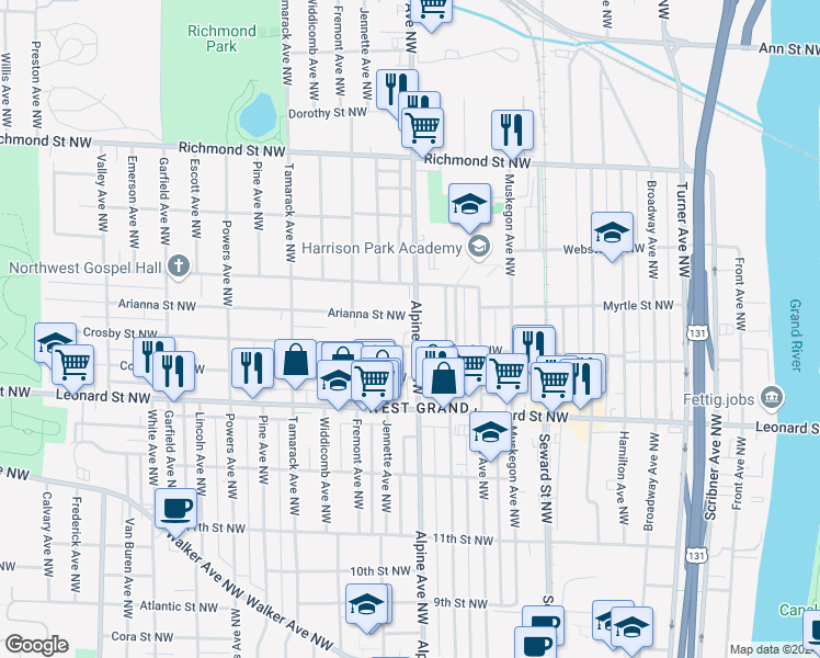 map of restaurants, bars, coffee shops, grocery stores, and more near 1315 Alpine Avenue Northwest in Grand Rapids
