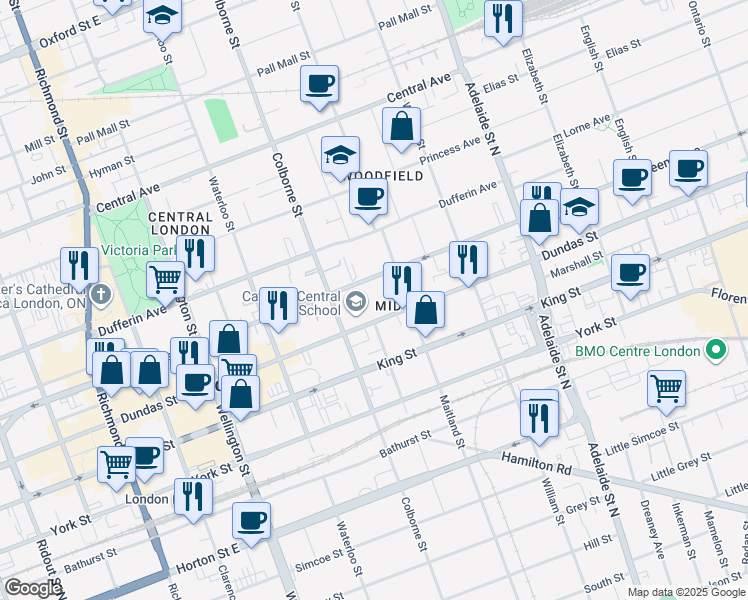 map of restaurants, bars, coffee shops, grocery stores, and more near 450 Dundas Street in London
