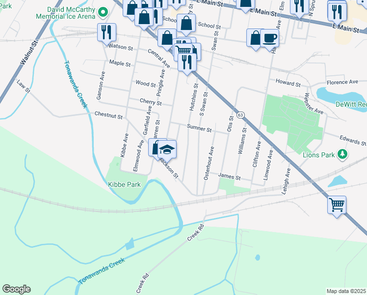 map of restaurants, bars, coffee shops, grocery stores, and more near 126 Hutchins Street in Batavia
