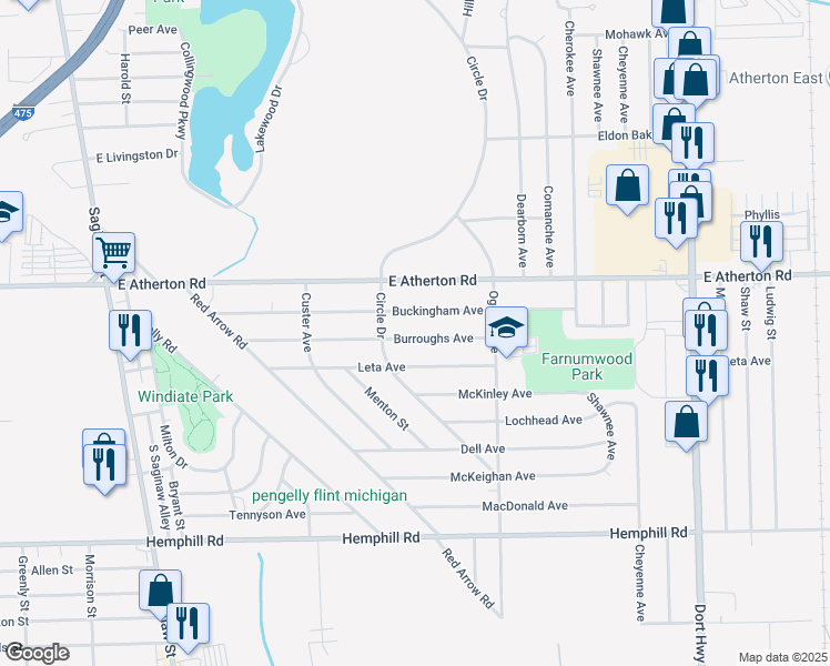 map of restaurants, bars, coffee shops, grocery stores, and more near 529 Burroughs Avenue in Flint