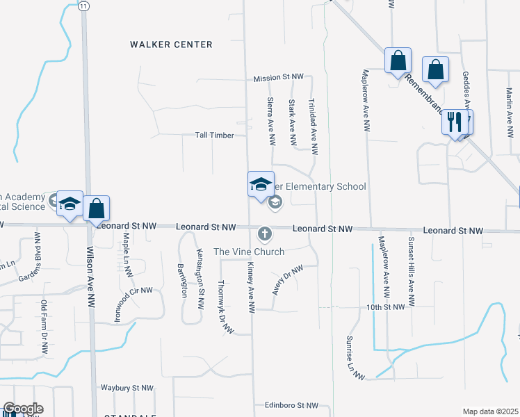 map of restaurants, bars, coffee shops, grocery stores, and more near 1234 Kinney Avenue Northwest in Grand Rapids