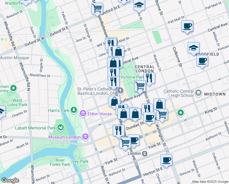 map of restaurants, bars, coffee shops, grocery stores, and more near in London