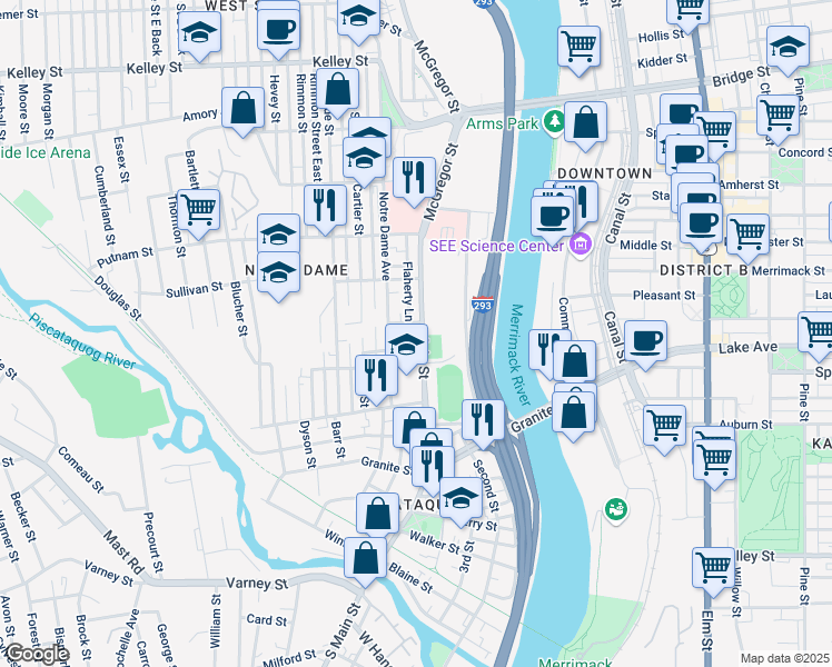 map of restaurants, bars, coffee shops, grocery stores, and more near 39 Hecker Street in Manchester