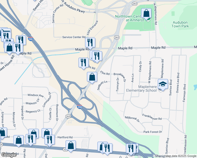 map of restaurants, bars, coffee shops, grocery stores, and more near 50 Sudbury Lane in Buffalo