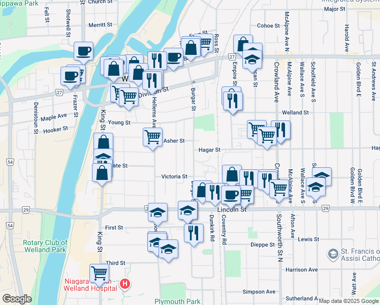 map of restaurants, bars, coffee shops, grocery stores, and more near in Welland