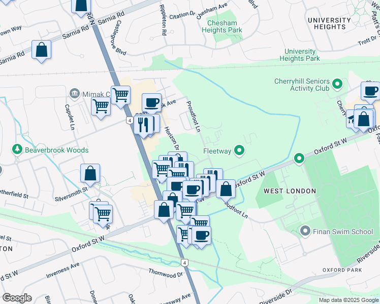 map of restaurants, bars, coffee shops, grocery stores, and more near 700 Horizon Drive in London