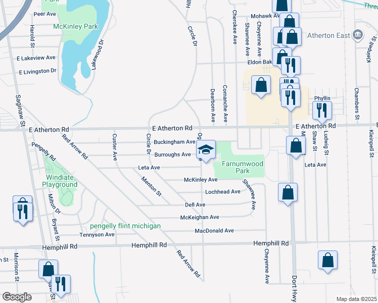 map of restaurants, bars, coffee shops, grocery stores, and more near 613 Leta Avenue in Flint