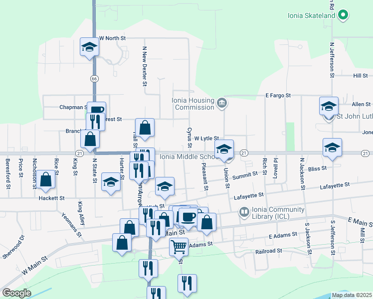 map of restaurants, bars, coffee shops, grocery stores, and more near 433 Pleasant Street in Ionia