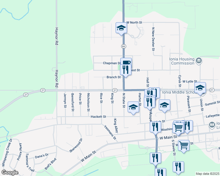 map of restaurants, bars, coffee shops, grocery stores, and more near 489 King Street in Ionia