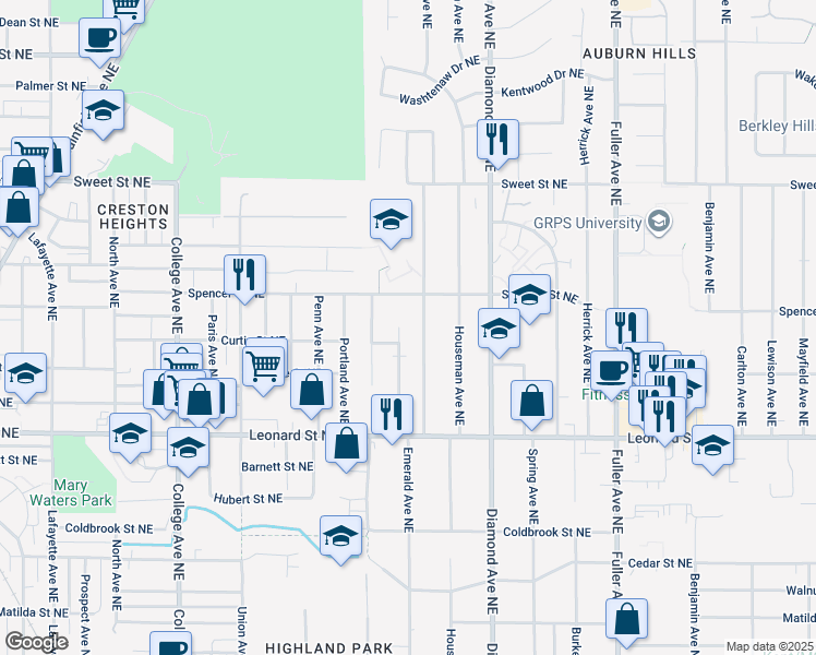 map of restaurants, bars, coffee shops, grocery stores, and more near 1336 Northfield Avenue Northeast in Grand Rapids
